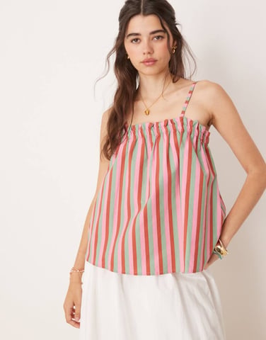 ASOS DESIGN linen blend trapeze cami top in pink stripe
