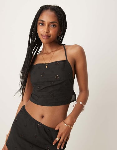 Motel nobita broderie tie-back cami top in black
