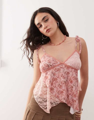 Reclaimed Vintage mesh and lace asymmetric hem cami in pink floral print