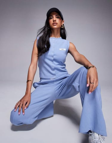 Kaiia exclusive cotton blend sleeveless cropped button through vest top co-ord in blue