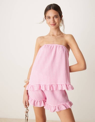 ASOS DESIGN bandeau co-ord with frill hem in pink gingham