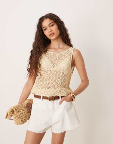 Vila sheer zig zag crochet sleeveless top in birch cream