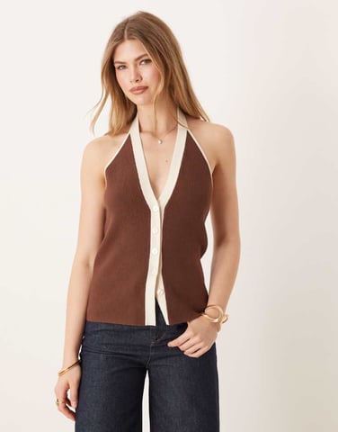 Abercrombie & Fitch ribbed halter neck vest in brown and cream