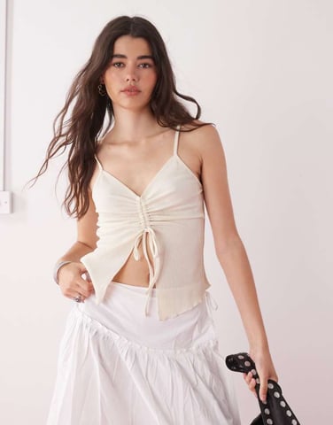 Reclaimed Vintage split front cami with ruched bust detail in white