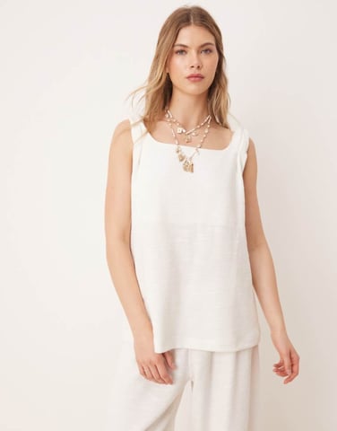 ASOS DESIGN twist strap square neck trapeze top in white boucle