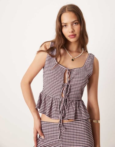 ASOS DESIGN tie detail top in pink and black gingham