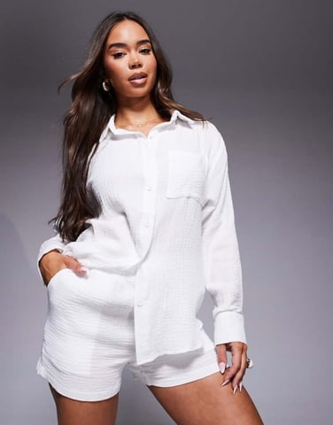 Missyempire cheesecloth elasticated waist shorts co-ord in white