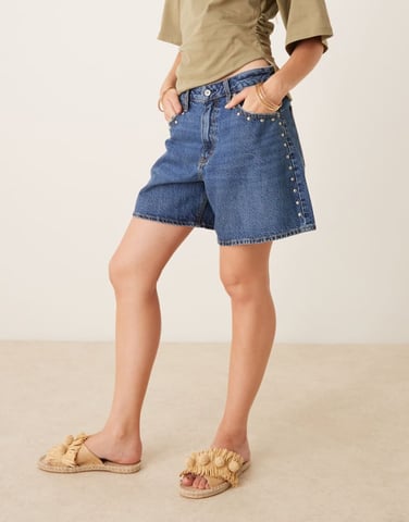 Abercrombie & Fitch curve love high rise loose denim studded shorts with frayed hem in dark wash