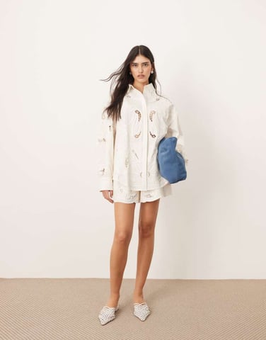 ARRANGE cotton mirrored floral embroidered cutwork shorts co-ord in white