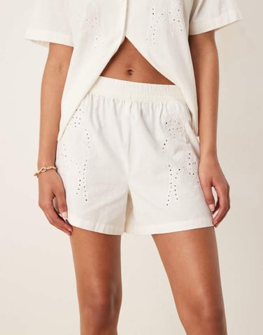 JDY relaxed pull on shorts in white broderie co-ord