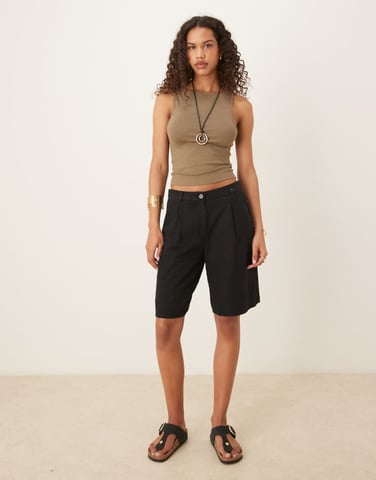 Abercrombie & Fitch mid rise bermuda linen shorts in black