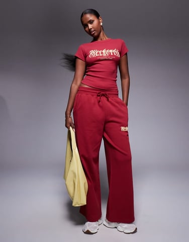 Weekend Collective wide leg jogger with mixed font graphic in burgundy