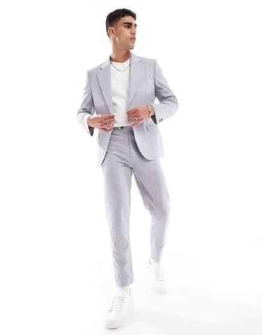 ASOS DESIGN linen mix tapered suit trousers grey puppytooth