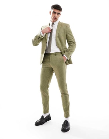ASOS DESIGN skinny wool mix suit trouser in olive basketweave texture
