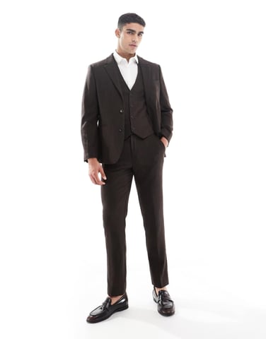 ASOS DESIGN wool rich slim suit trousers in brown herringbone