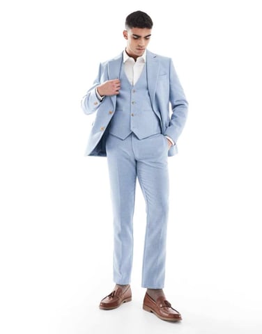 ASOS DESIGN wool blend slim suit trousers in blue weave