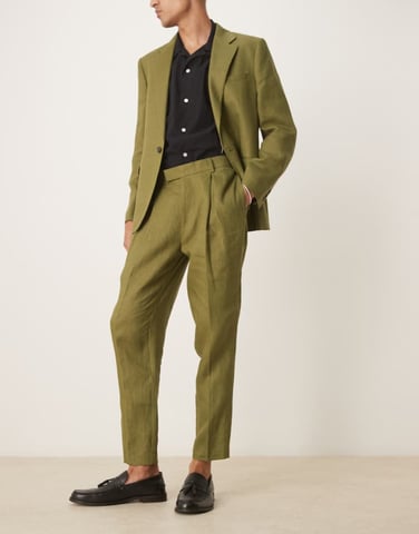ASOS DESIGN premium 100% linen tapered suit trousers in green