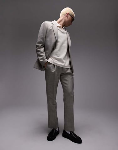 Topman straight textured suit trousers in stone
