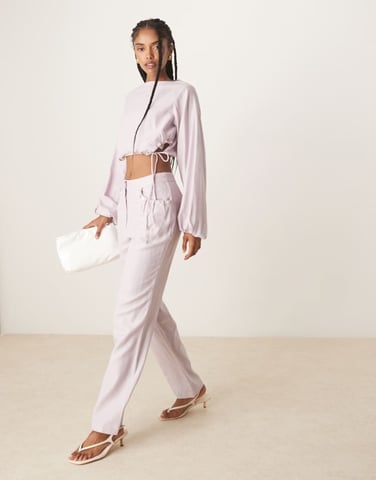 ASOS DESIGN tailored linen look straight leg trousers co-ord with pearl detail in lilac