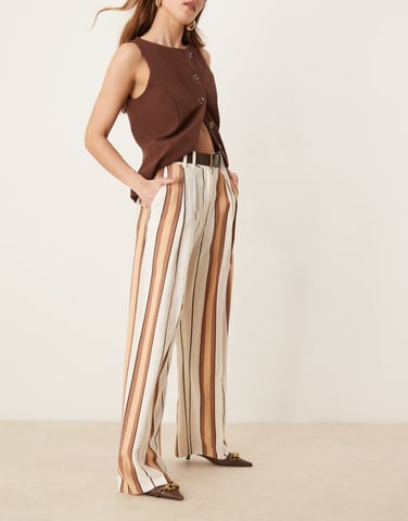 ASOS DESIGN tailored relaxed trousers with faux leather belt in tan stripe