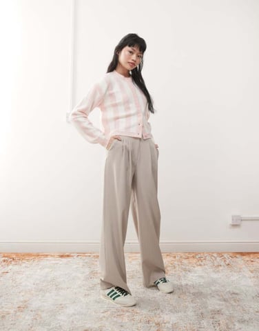 Miss Selfridge wide leg tailored trouser in beige pinstripe