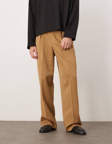 ASOS DESIGN smart wide leg trousers with front box pleat in camel
