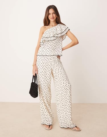 YAS wide leg trouser co-ord in cream and black polka dot