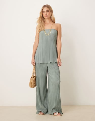YAS plisse wide leg trouser co-ord with rolled hem detail in soft green