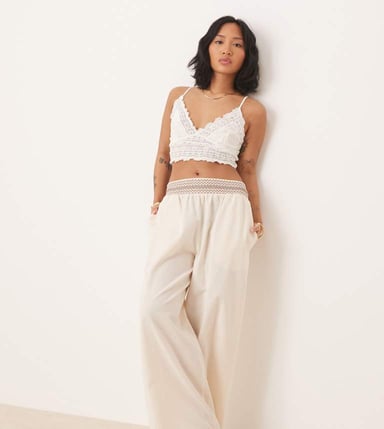ASOS DESIGN Petite linen blend pull on wide leg trousers with shirred waist detail in cream with brown