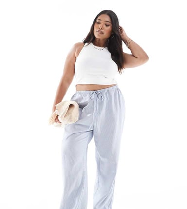 ONLY Curve side tie wide leg trousers in light blue stripes
