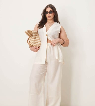 ASOS DESIGN Curve sheer textured wide leg trousers co-ord in off white