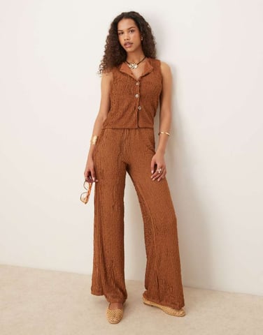 ASOS DESIGN co-ord textured wide leg in brown