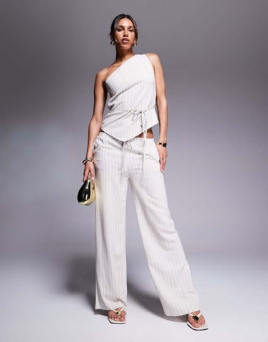 Kaiia exclusive linen look wide leg trouser co-ord in beige pinstripe