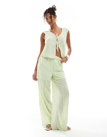 Pieces textured wide leg trouser co-ord in gleam green