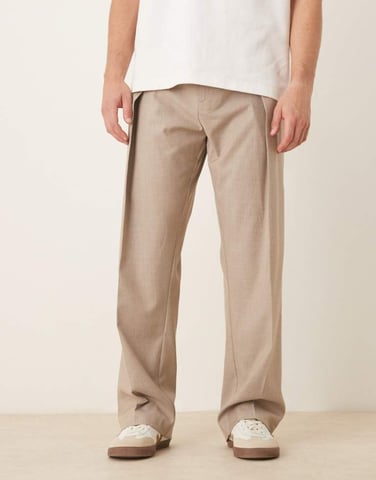 ASOS DESIGN smart wide leg trousers with front deep pleat in neutral pinstripe