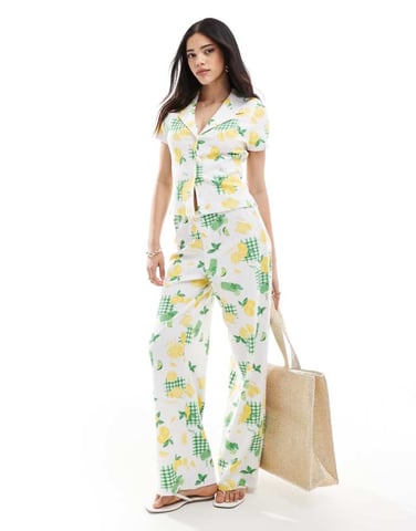 ASOS DESIGN wide leg boxer waffle trouser co-ord in lemon drink print