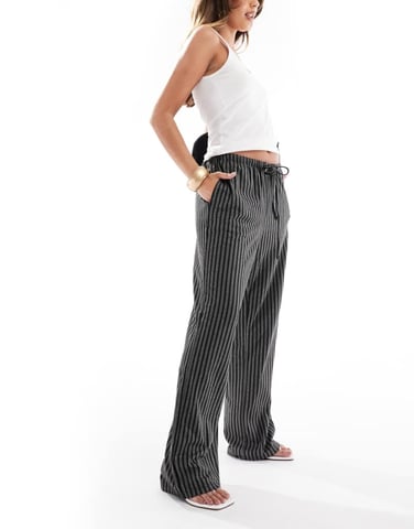 Vero Moda drawstring wide leg trouser in black pinstripe