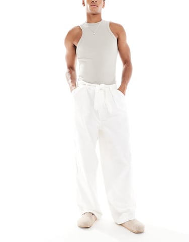 ASOS DESIGN wide leg trousers in ecru with pleats and belt