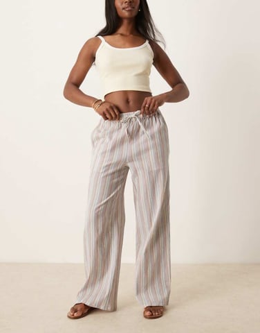 ASOS DESIGN textured linen look wide leg pull on trousers in multi stripe