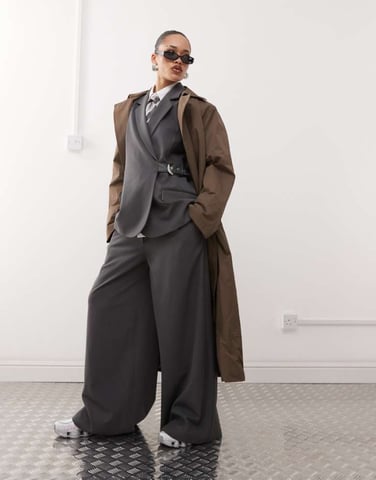 COLLUSION wide leg belt detail trouser co-ord in grey