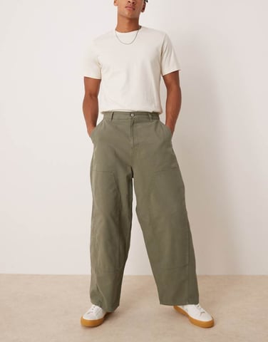 ASOS DESIGN oversized baggy trousers in khaki with carpenter details