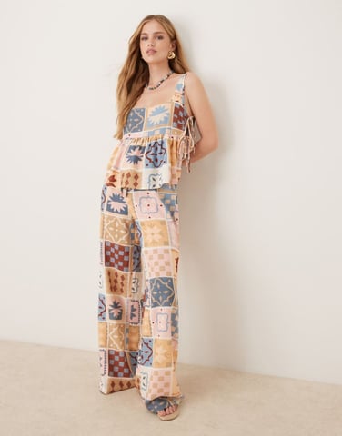 ASOS DESIGN linen blend tie front wide leg trouser in tile print