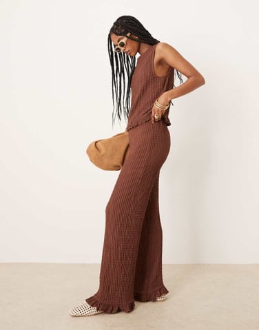 ASOS DESIGN frill hem textured wide leg trouser co ord in brown