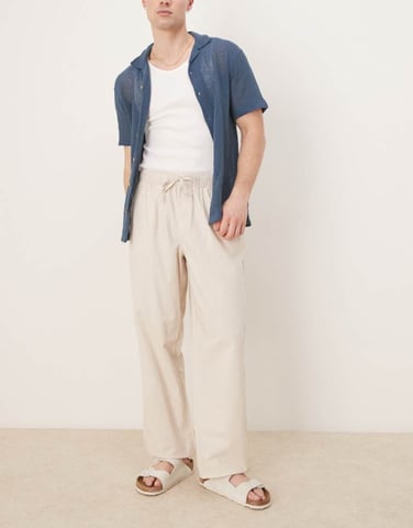 ASOS DESIGN baggy linen blend trousers in stone