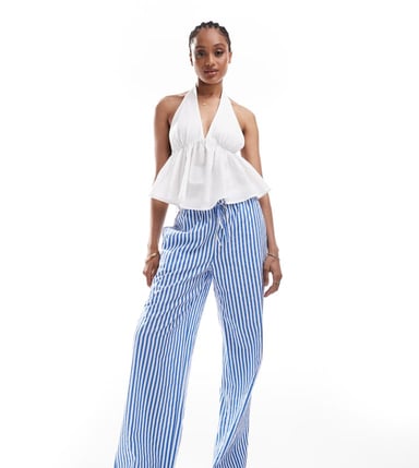 Vero Moda Tall double waistband detail wide leg trouser in blue stripe