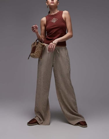 Topshop crinkle stripe tie waist low rise wide leg trouser in orange