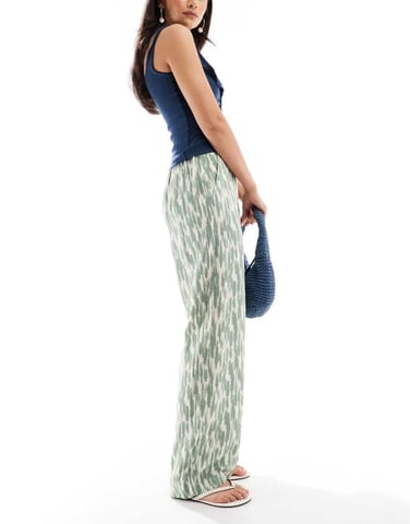 Vero Moda Easy high waisted wide leg trousers in abstract green print