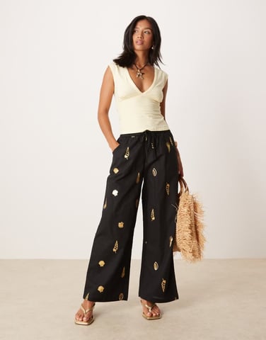 Never Fully Dressed Petite gold shell wide leg trouser in black