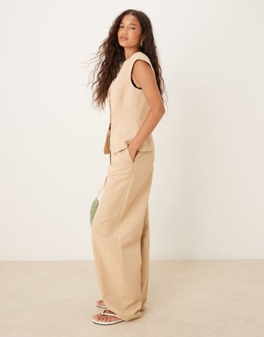 ASOS DESIGN linen blend tailored barrel leg trouser in neutral