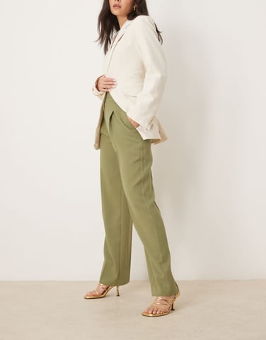 ASOS DESIGN tailored straight leg trousers with gold button detail in khaki
